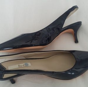 Navy patent leather pointed toe slingbacks